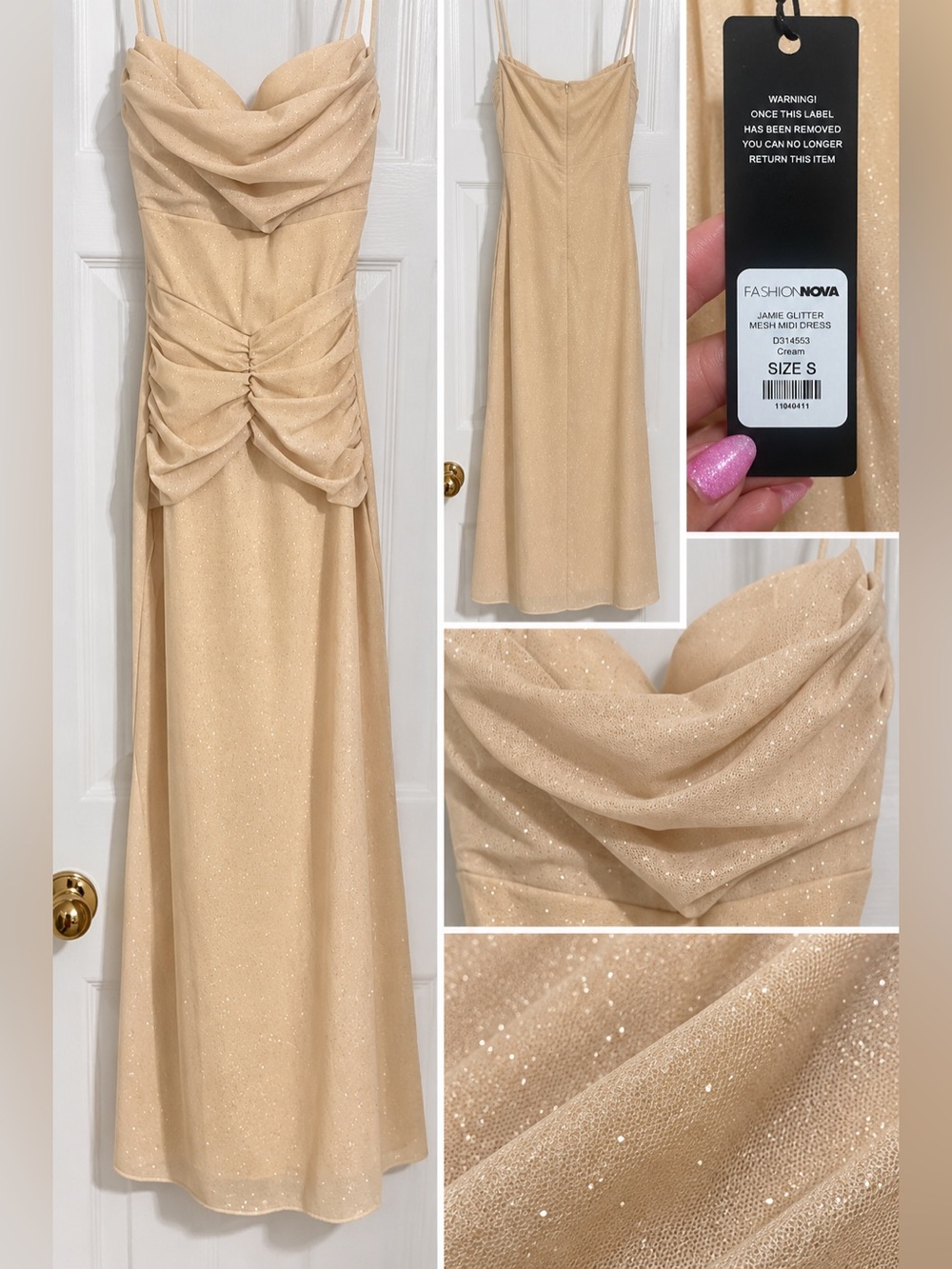 Fashion Nova Cream Glitter Mesh Midi Dress
